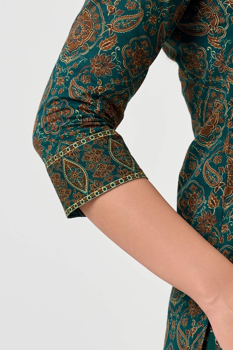 Green Printed Straight Cotton Kurta