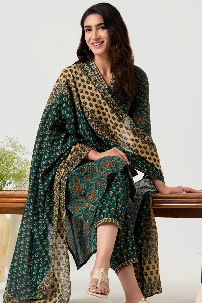 Green Printed Straight Cotton Kurta