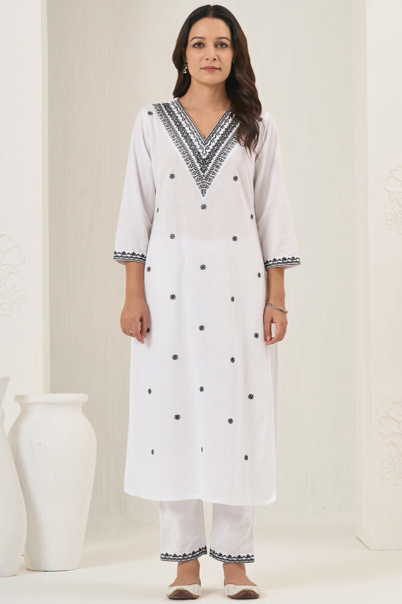 White Handcrafted Straight Cotton Flax Kurta
