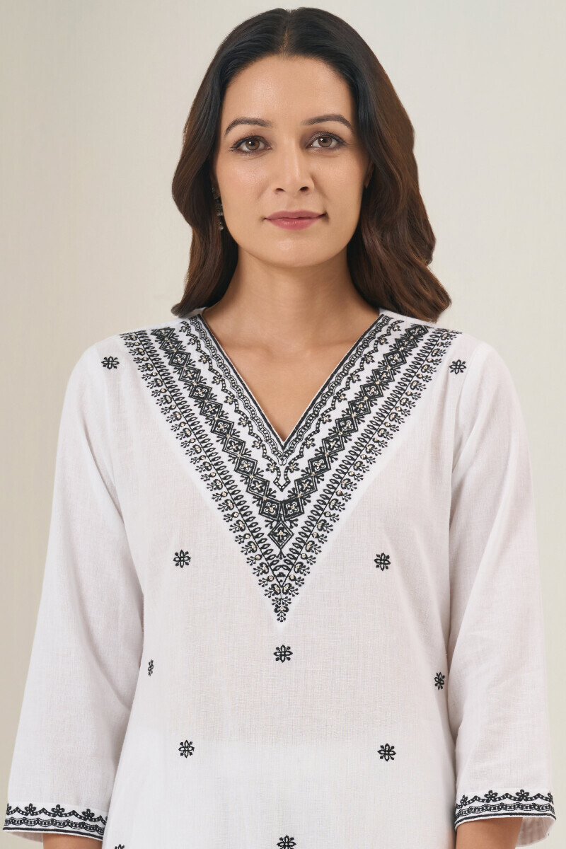 White Handcrafted Straight Cotton Flax Kurta