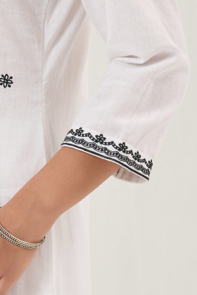 White Handcrafted Straight Cotton Flax Kurta