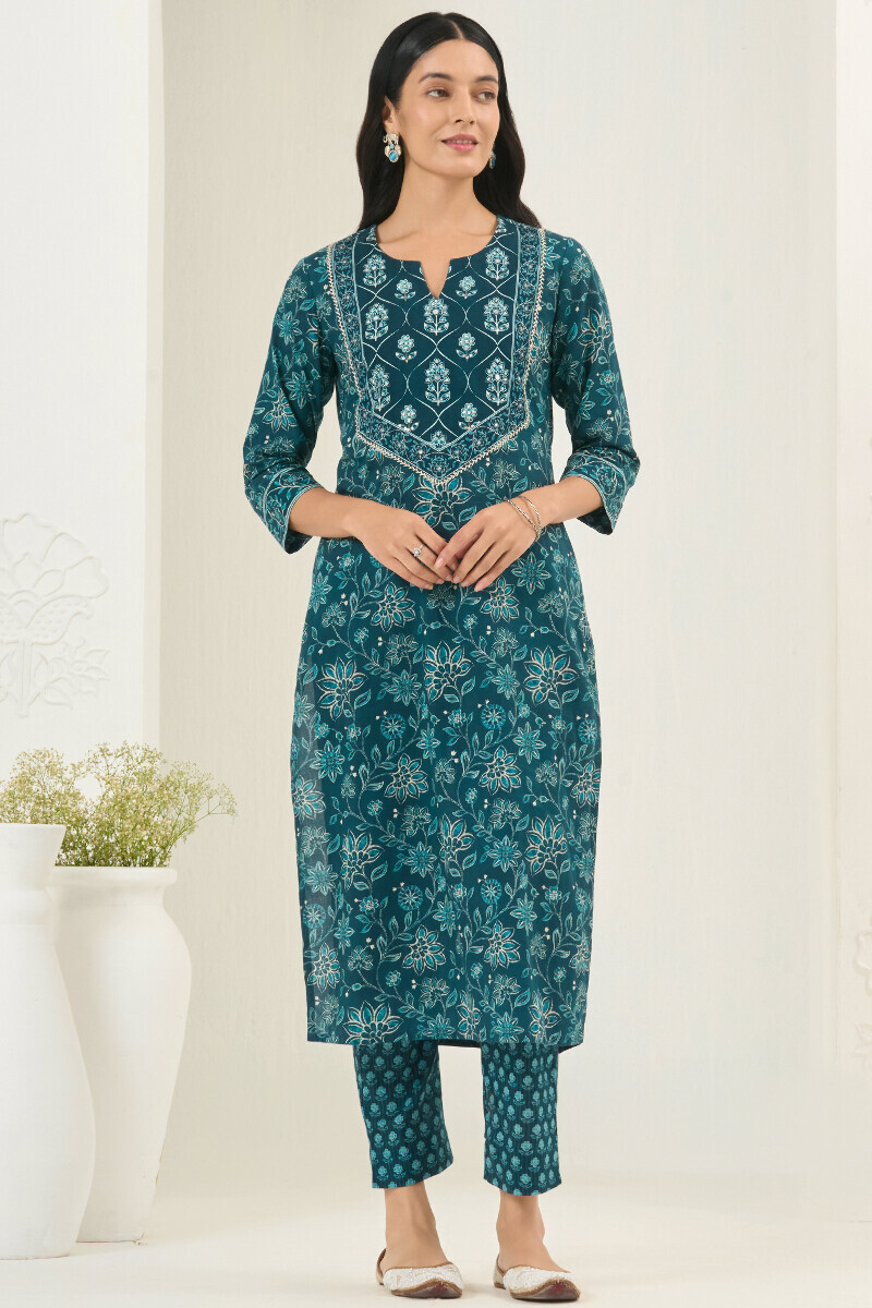 Blue Printed Straight Cotton Kurta