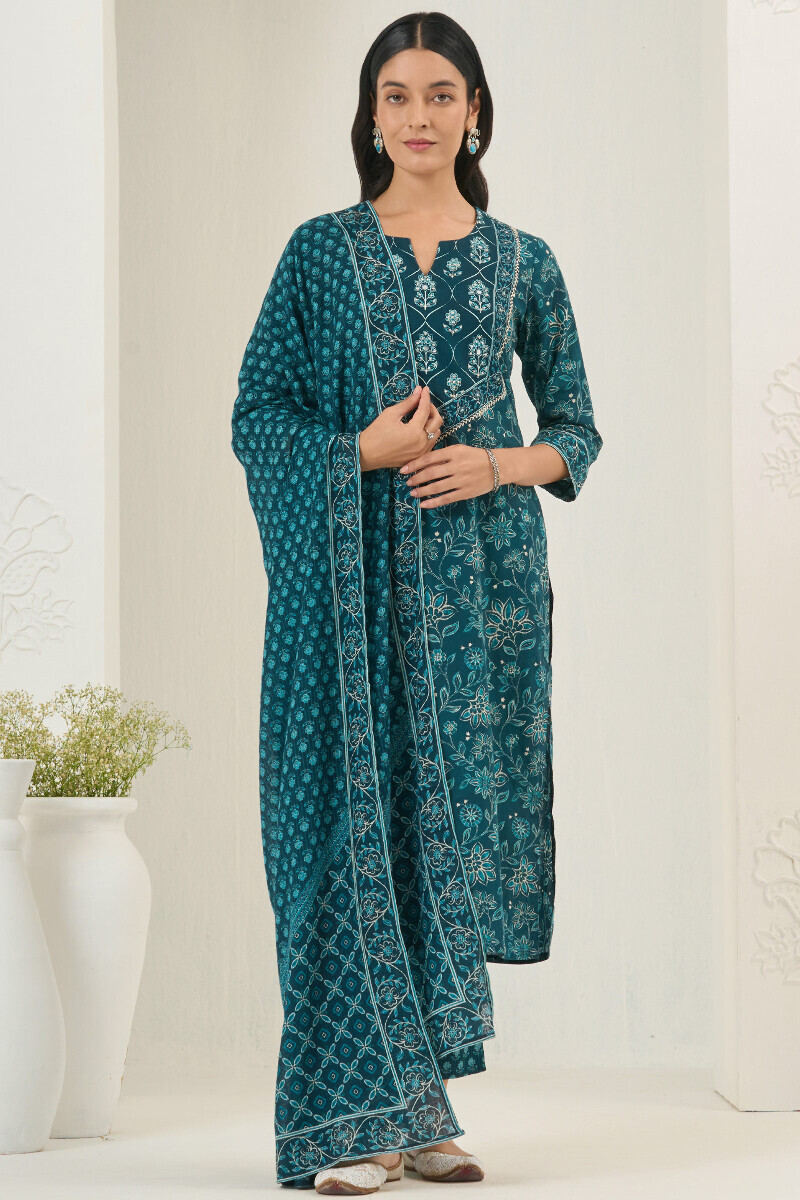 Blue Printed Straight Cotton Kurta