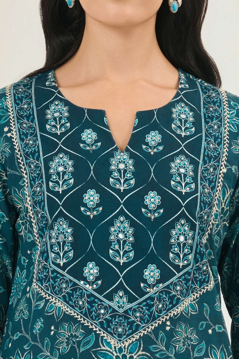 Blue Printed Straight Cotton Kurta