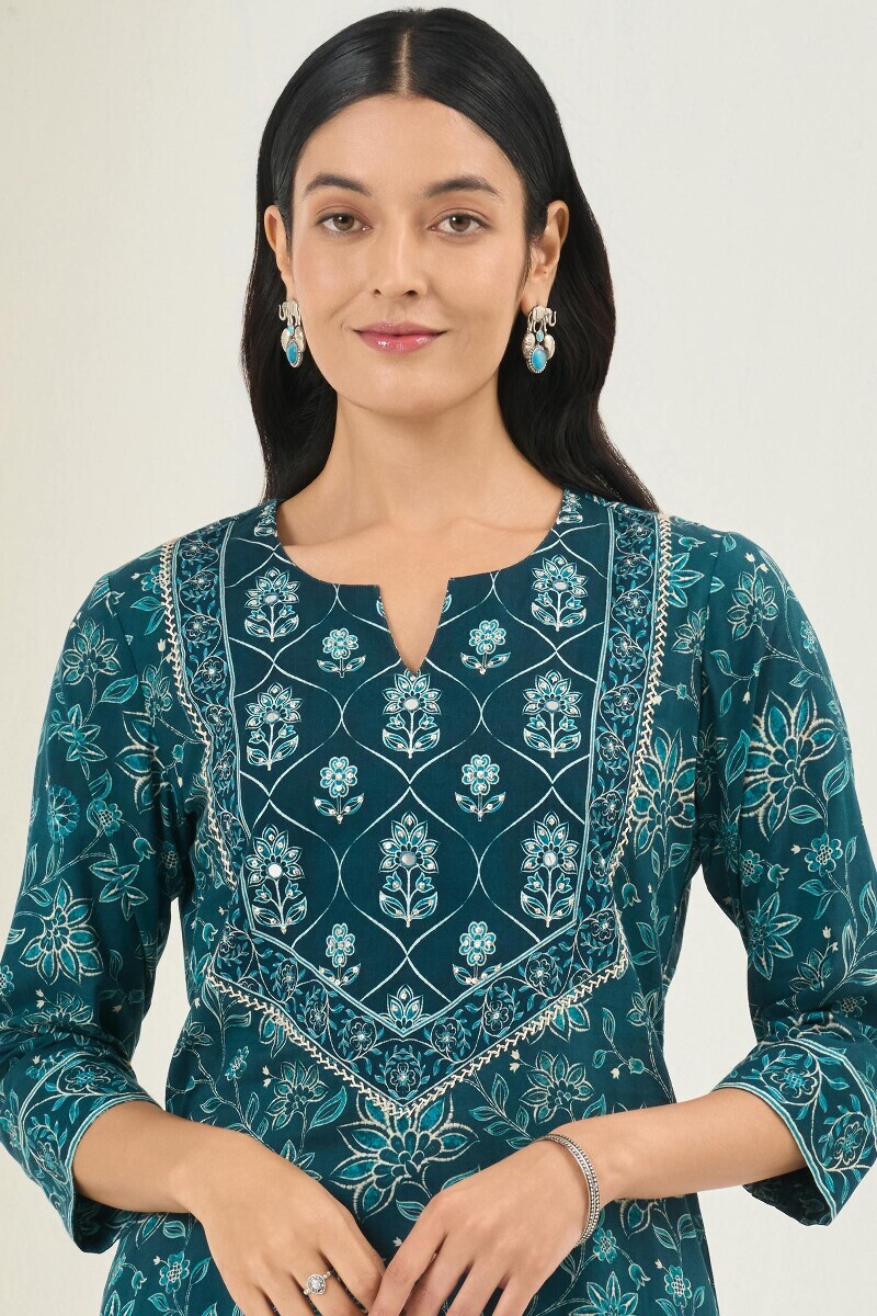 Blue Printed Straight Cotton Kurta