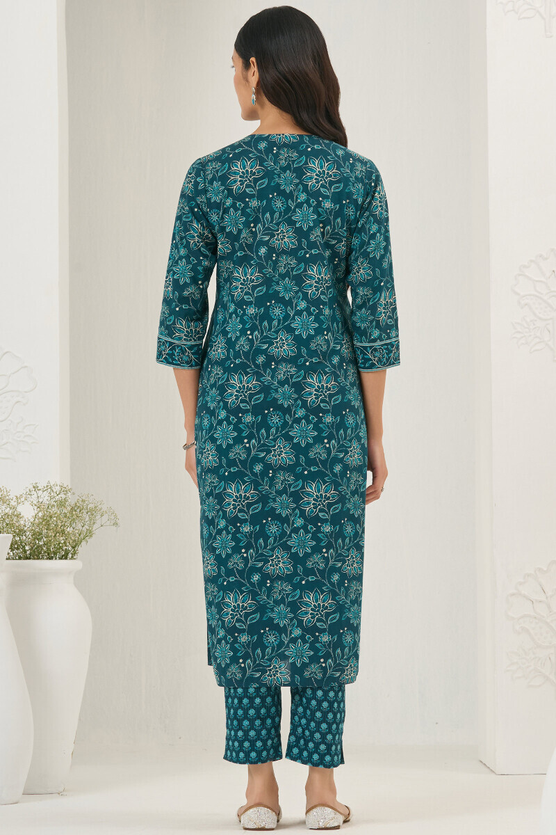 Blue Printed Straight Cotton Kurta