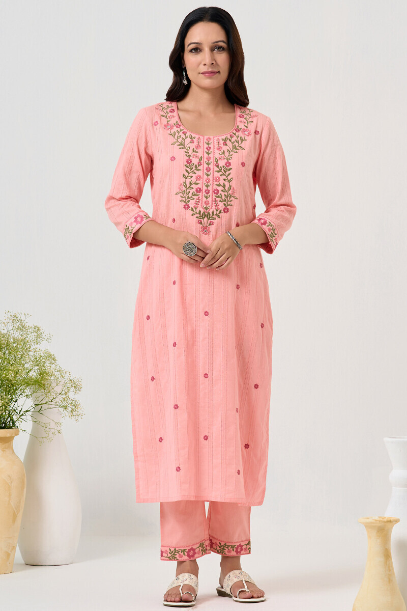 Pink Handcrafted Straight Ram Buta Kurta