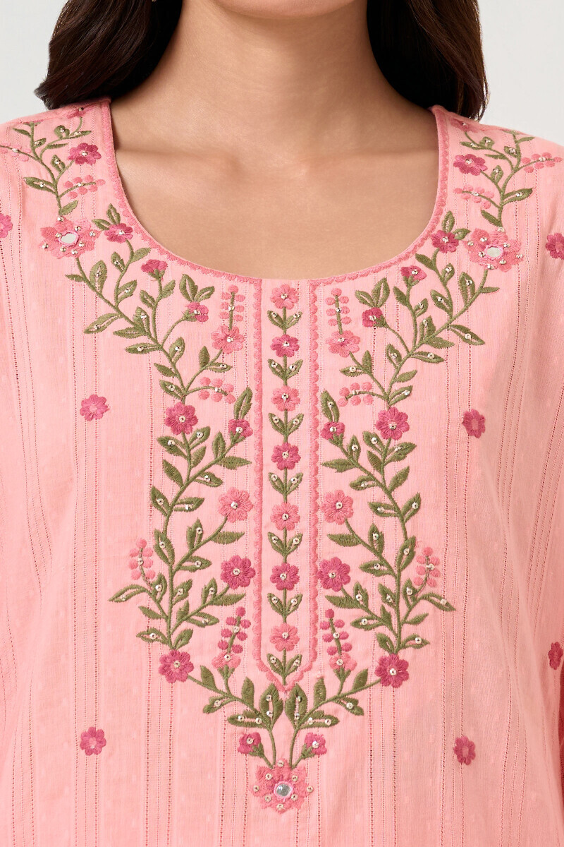 Pink Handcrafted Straight Ram Buta Kurta