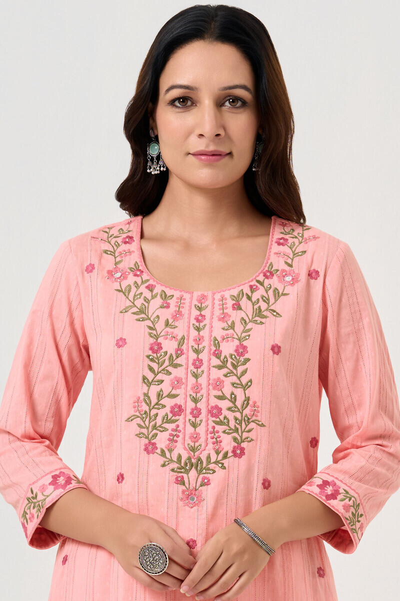 Pink Handcrafted Straight Ram Buta Kurta