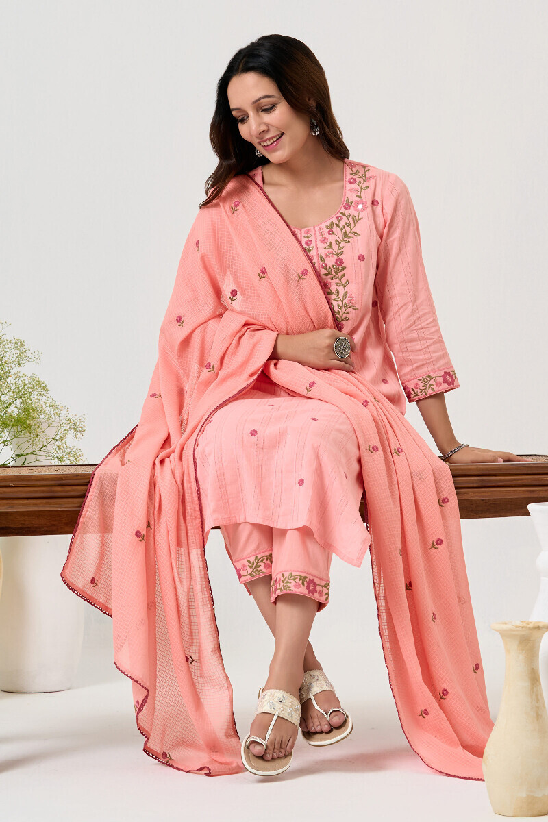 Pink Handcrafted Straight Ram Buta Kurta