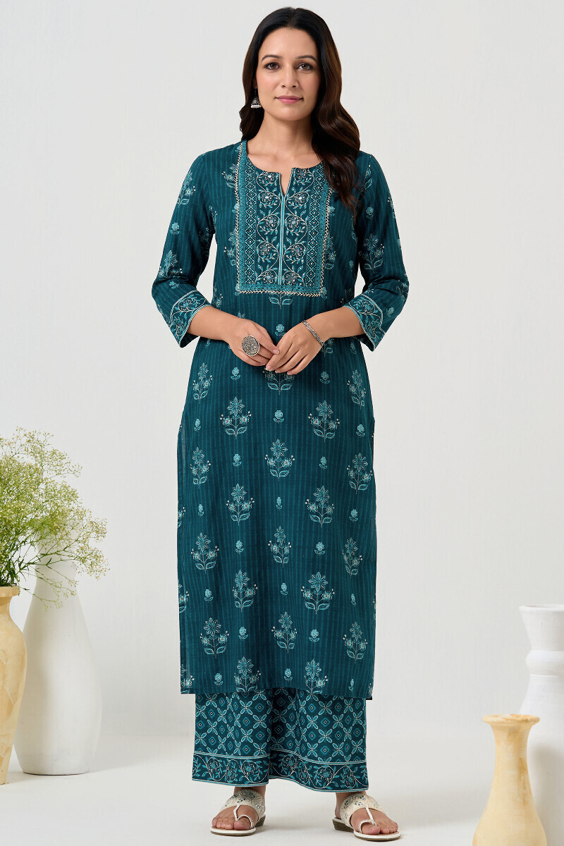 Blue Printed Straight Cotton Kurta