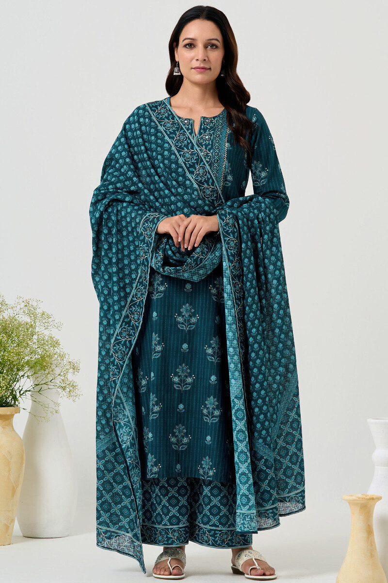 Blue Printed Straight Cotton Kurta