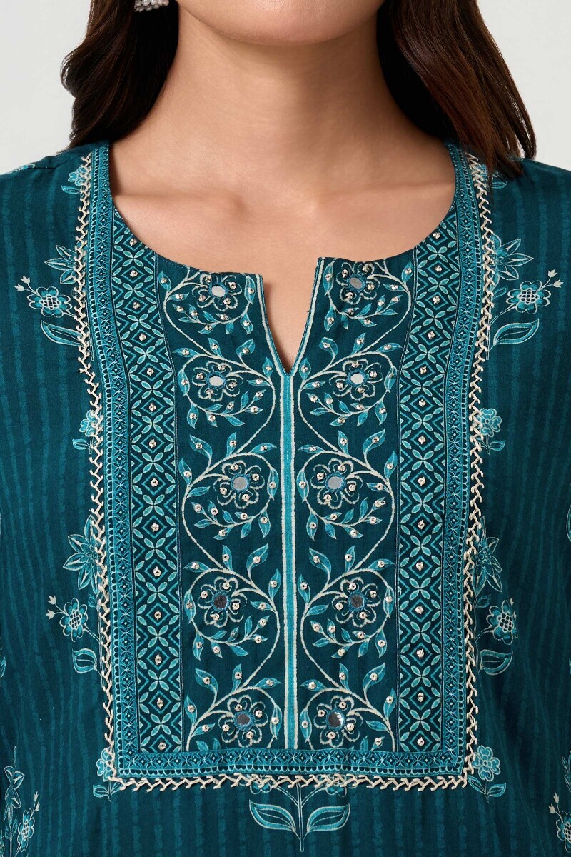 Blue Printed Straight Cotton Kurta