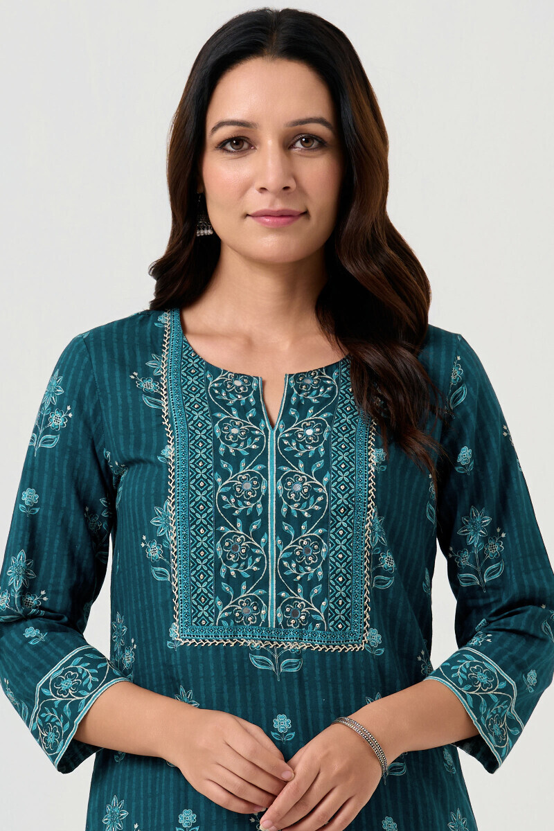 Blue Printed Straight Cotton Kurta