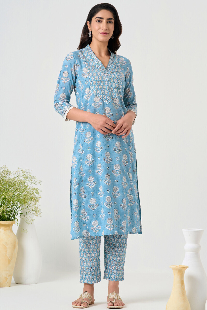 Blue Hand Block Printed Straight Ram Buta Kurta