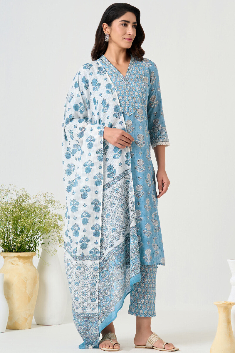 Blue Hand Block Printed Straight Ram Buta Kurta