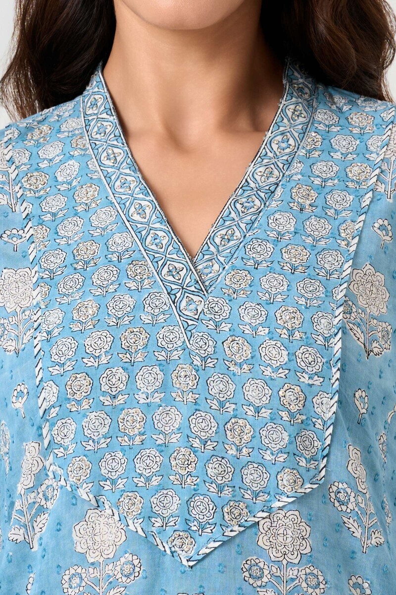 Blue Hand Block Printed Straight Ram Buta Kurta
