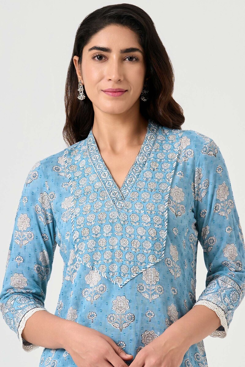 Blue Hand Block Printed Straight Ram Buta Kurta