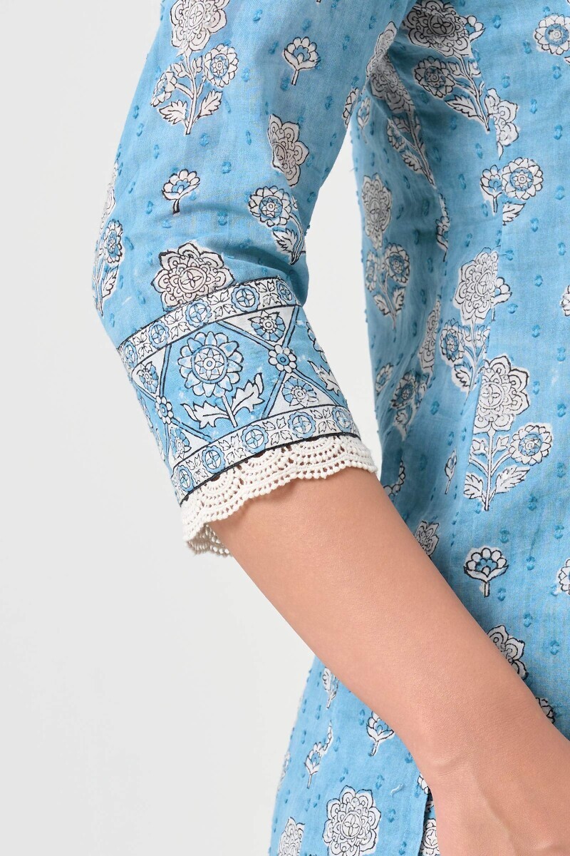 Blue Hand Block Printed Straight Ram Buta Kurta