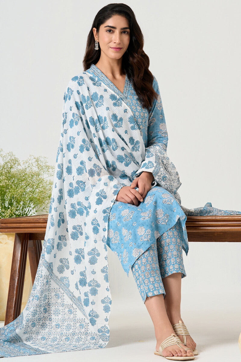Blue Hand Block Printed Straight Ram Buta Kurta