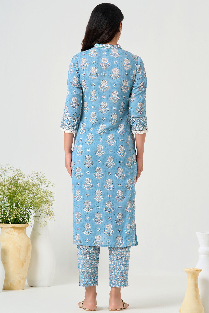 Blue Hand Block Printed Straight Ram Buta Kurta