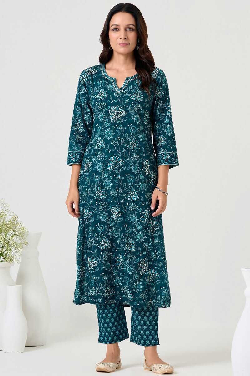 Blue Printed Straight Cotton Kurta