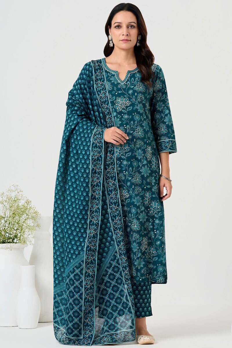 Blue Printed Straight Cotton Kurta