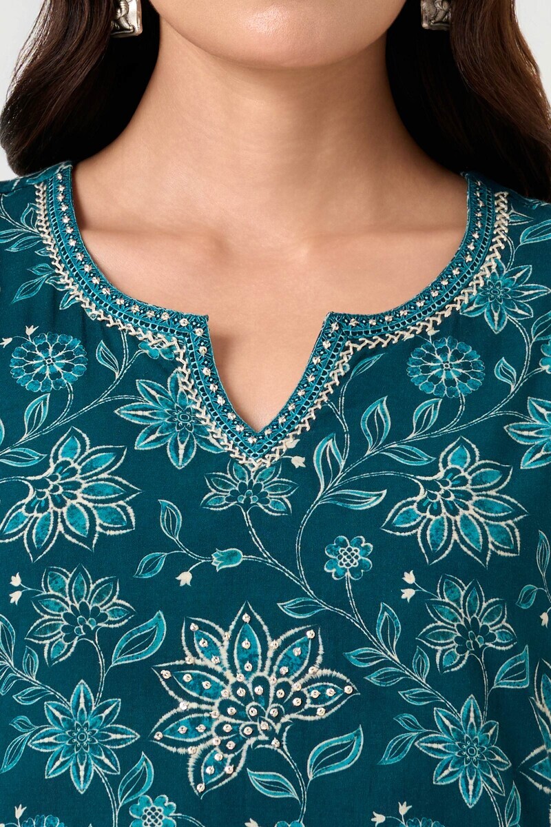 Blue Printed Straight Cotton Kurta