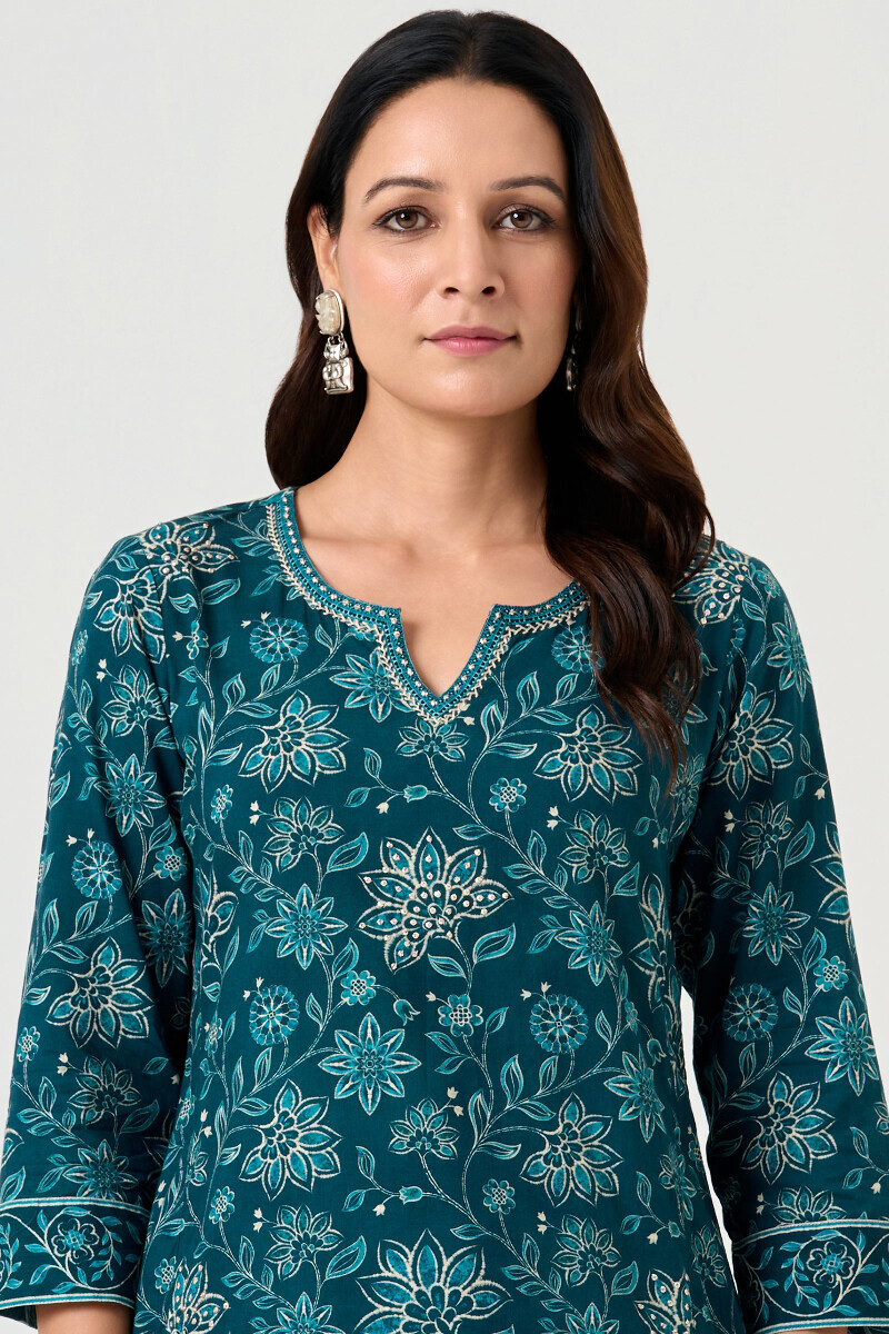 Blue Printed Straight Cotton Kurta