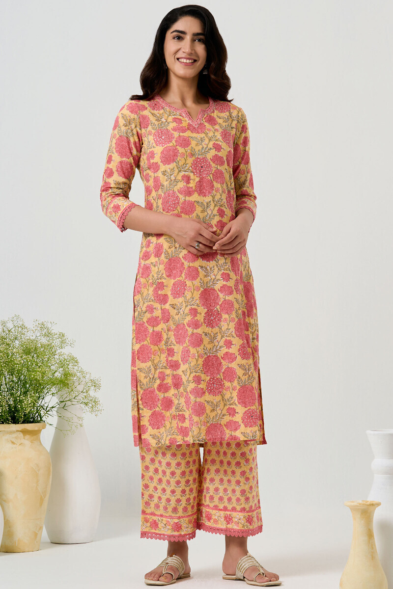 Yellow Hand Block Printed Straight Ram Buta Kurta