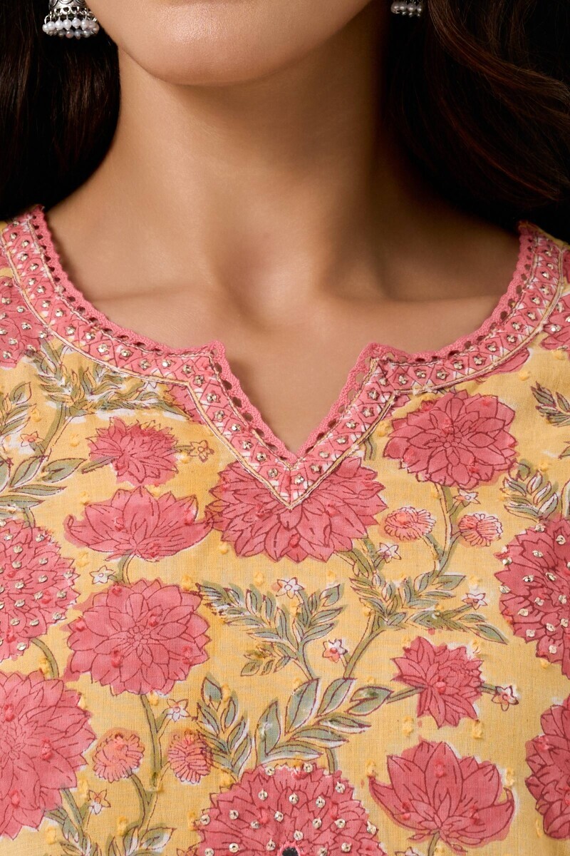 Yellow Hand Block Printed Straight Ram Buta Kurta