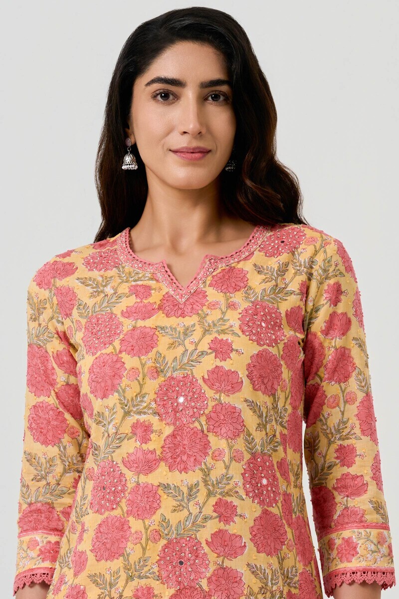 Yellow Hand Block Printed Straight Ram Buta Kurta