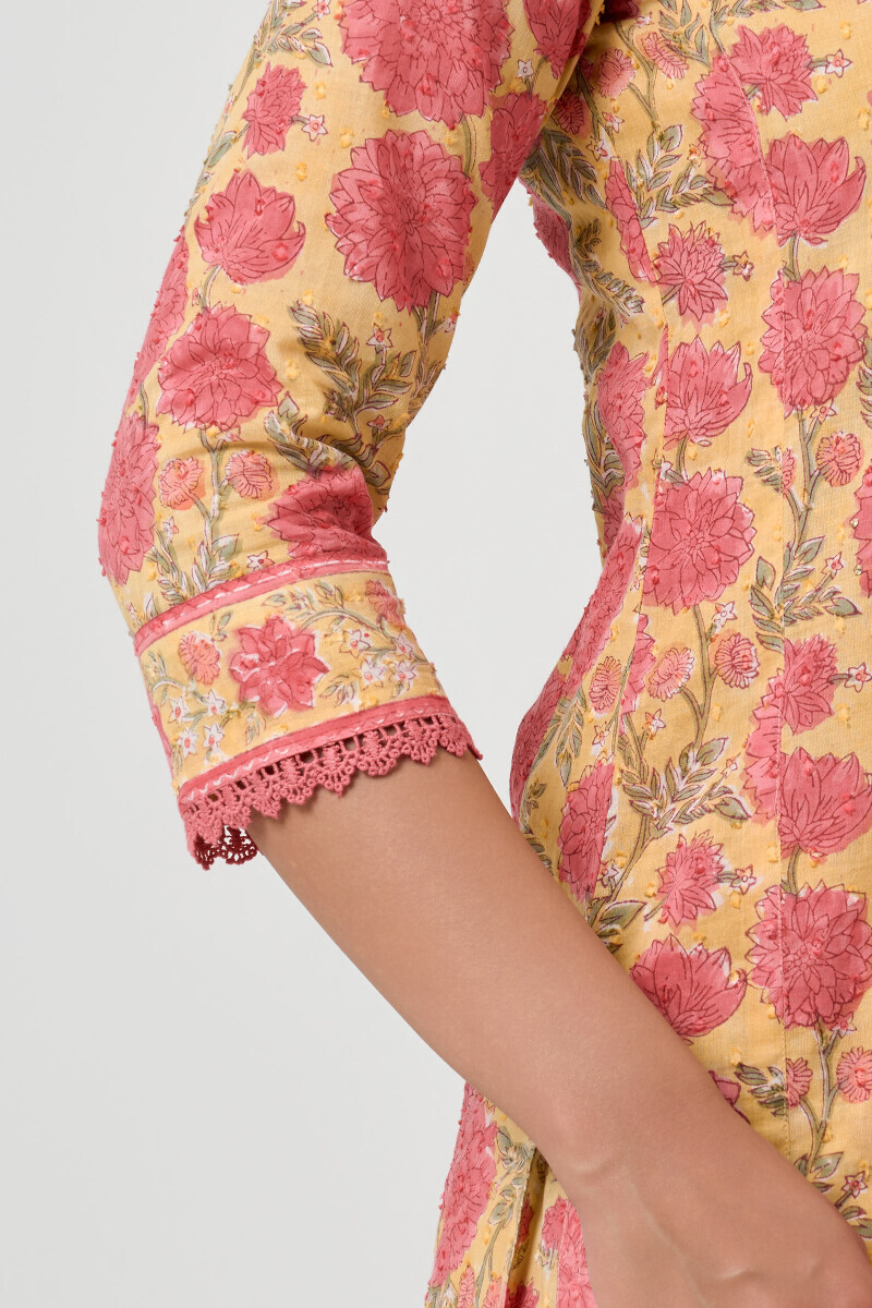 Yellow Hand Block Printed Straight Ram Buta Kurta