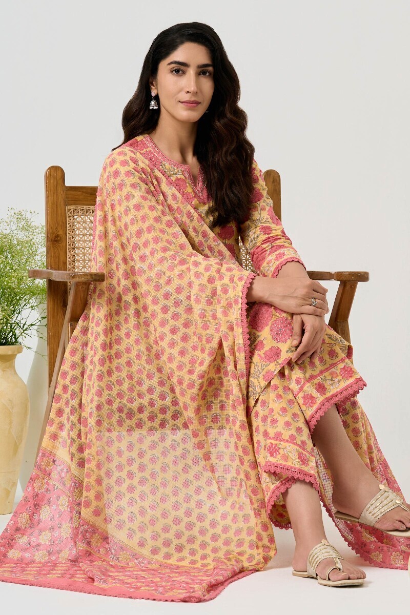 Yellow Hand Block Printed Straight Ram Buta Kurta