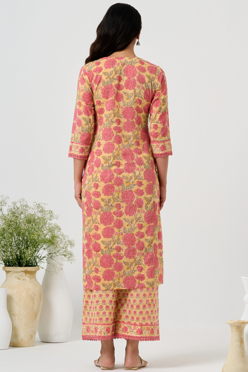 Yellow Hand Block Printed Straight Ram Buta Kurta