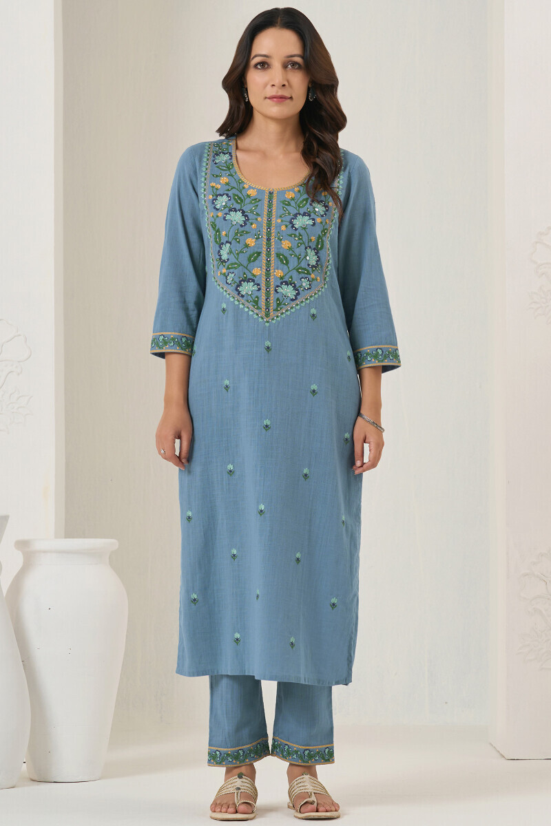 Blue Handcrafted Straight Guaze Slub Kurta