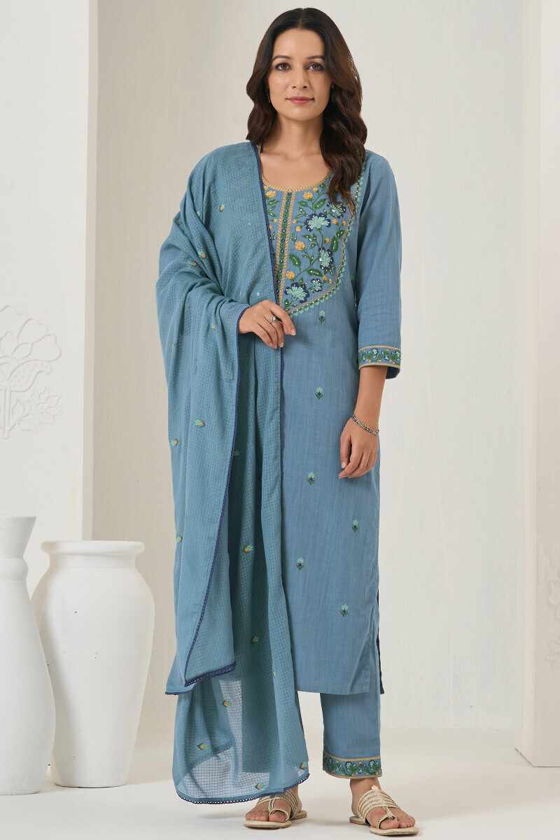 Blue Handcrafted Straight Guaze Slub Kurta