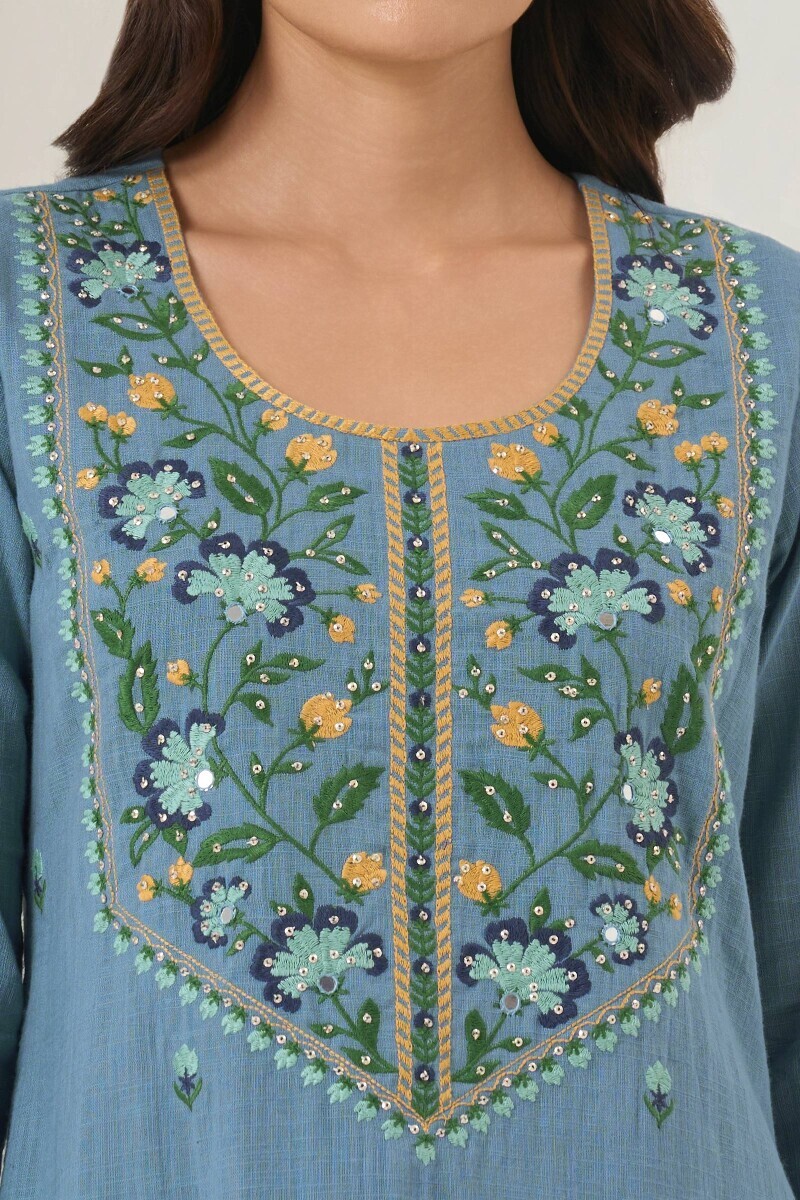 Blue Handcrafted Straight Guaze Slub Kurta