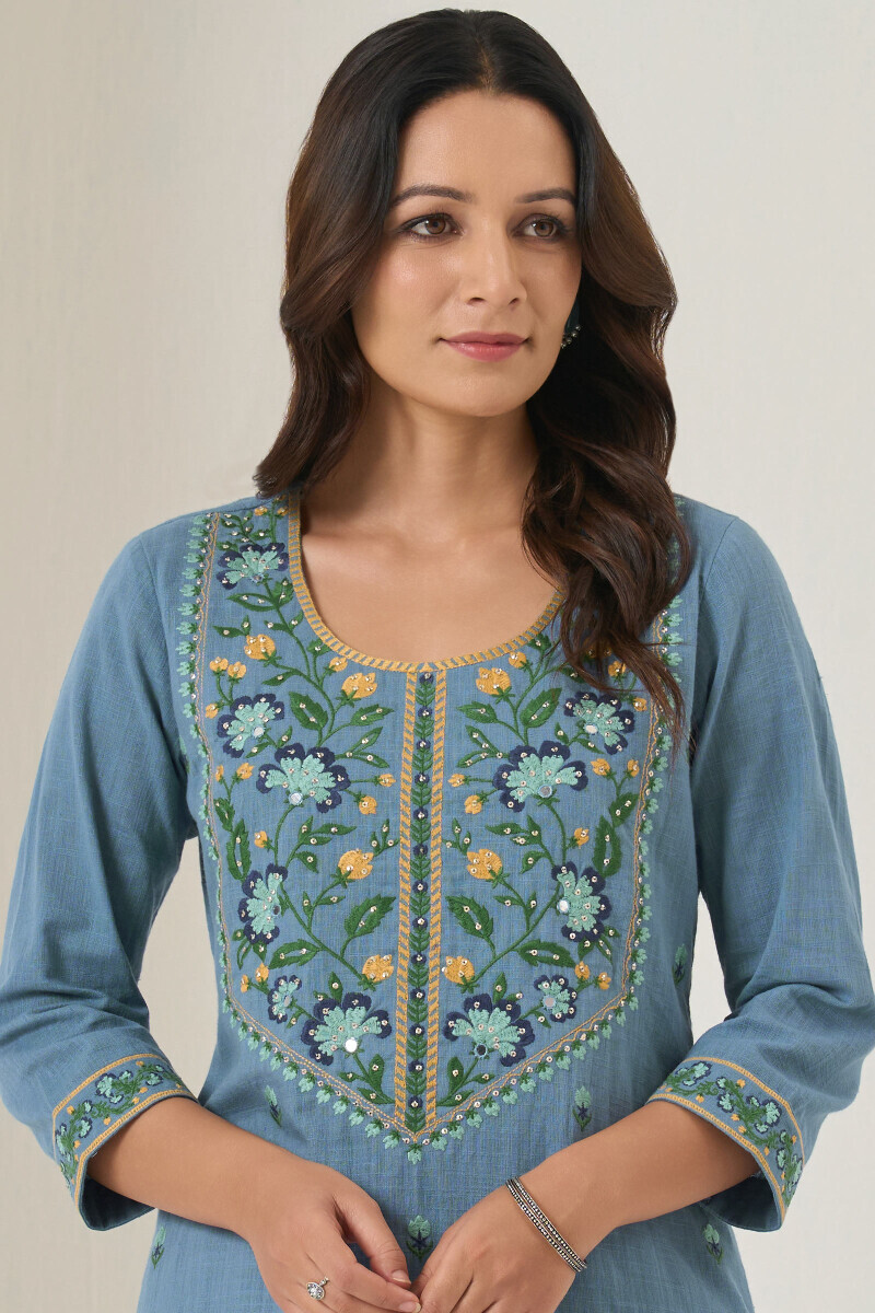 Blue Handcrafted Straight Guaze Slub Kurta