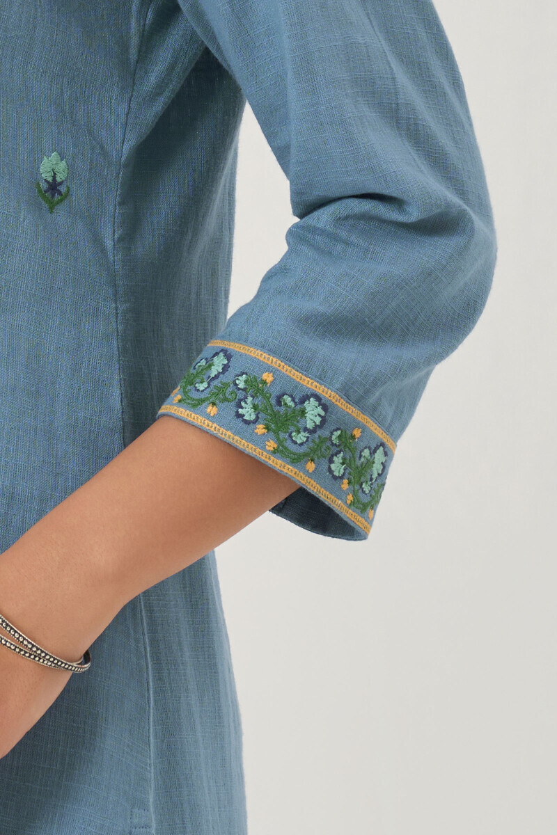 Blue Handcrafted Straight Guaze Slub Kurta