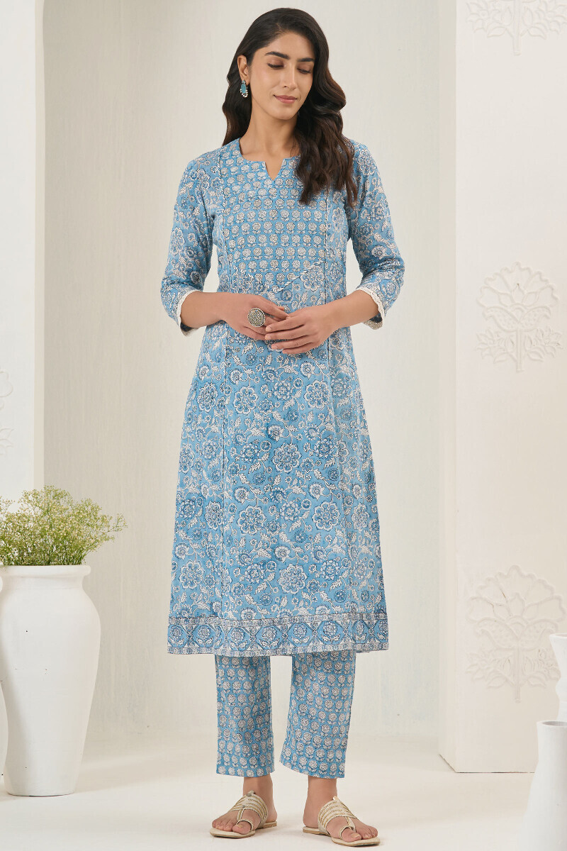 Blue Hand Block Printed A-Line Ram Buta Kurta