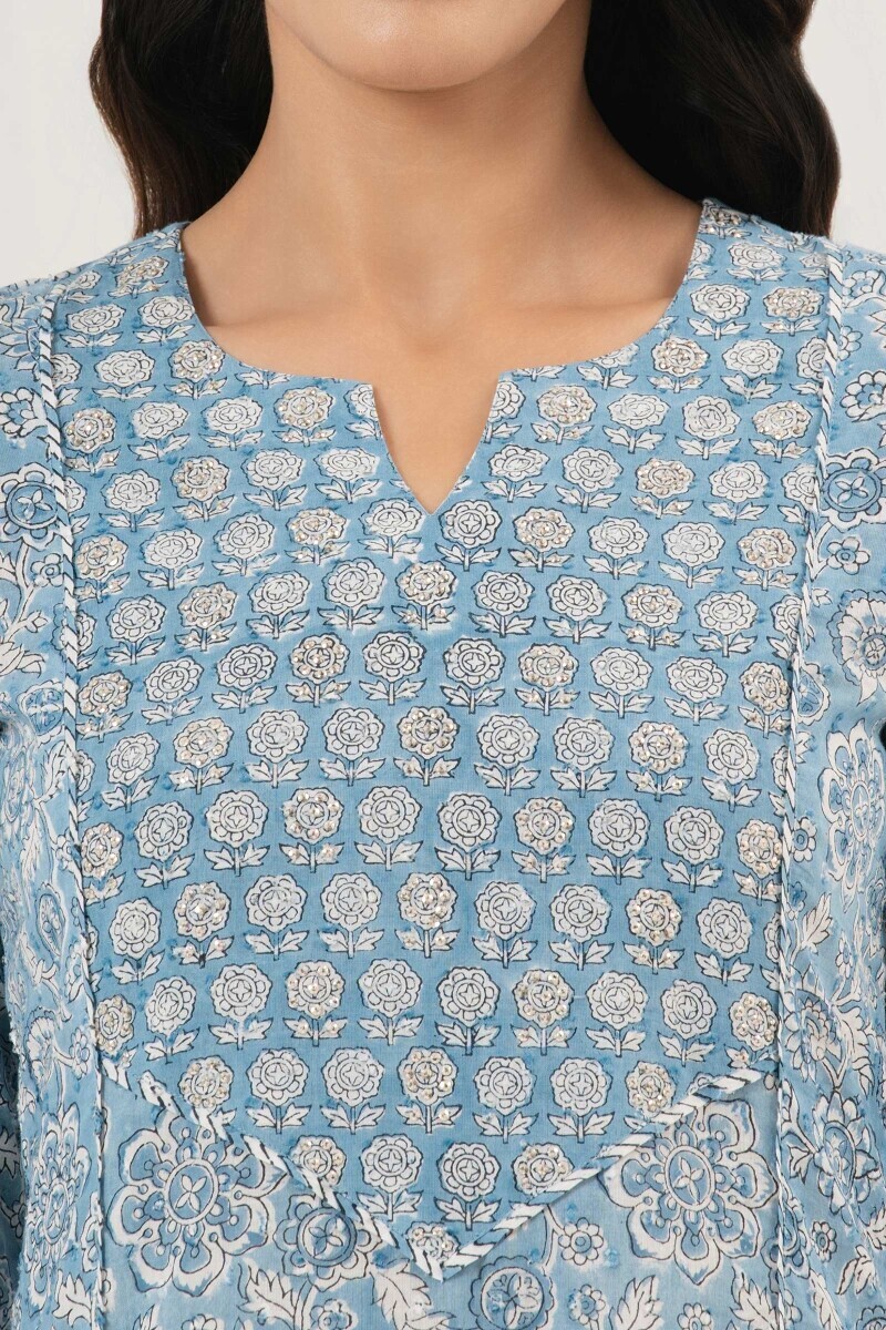 Blue Hand Block Printed A-Line Ram Buta Kurta