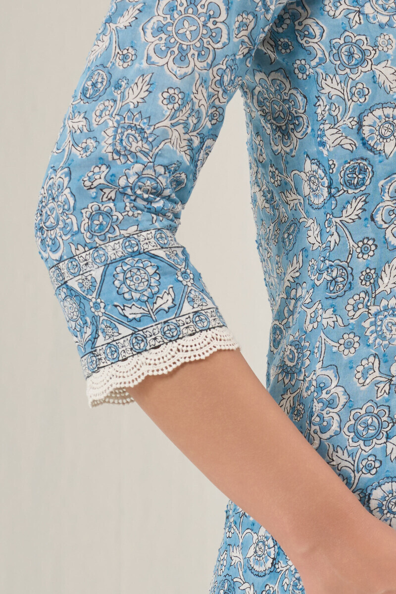 Blue Hand Block Printed A-Line Ram Buta Kurta