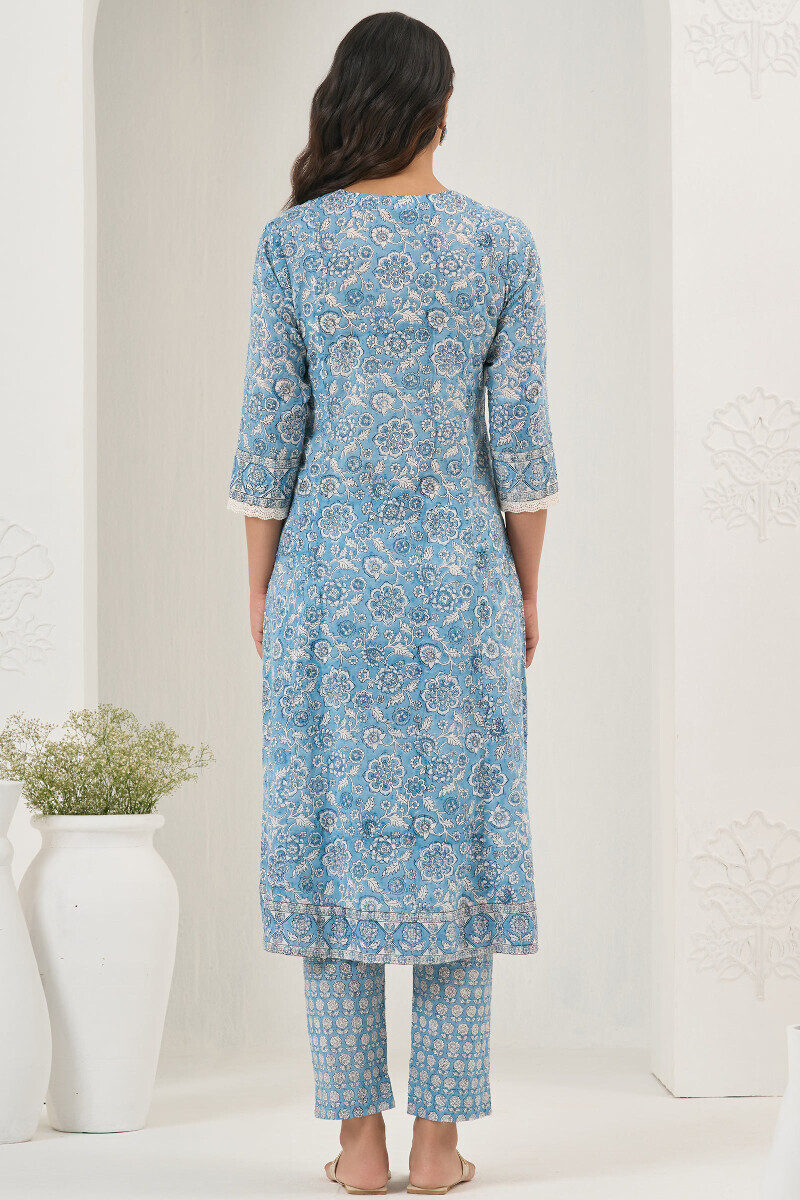 Blue Hand Block Printed A-Line Ram Buta Kurta