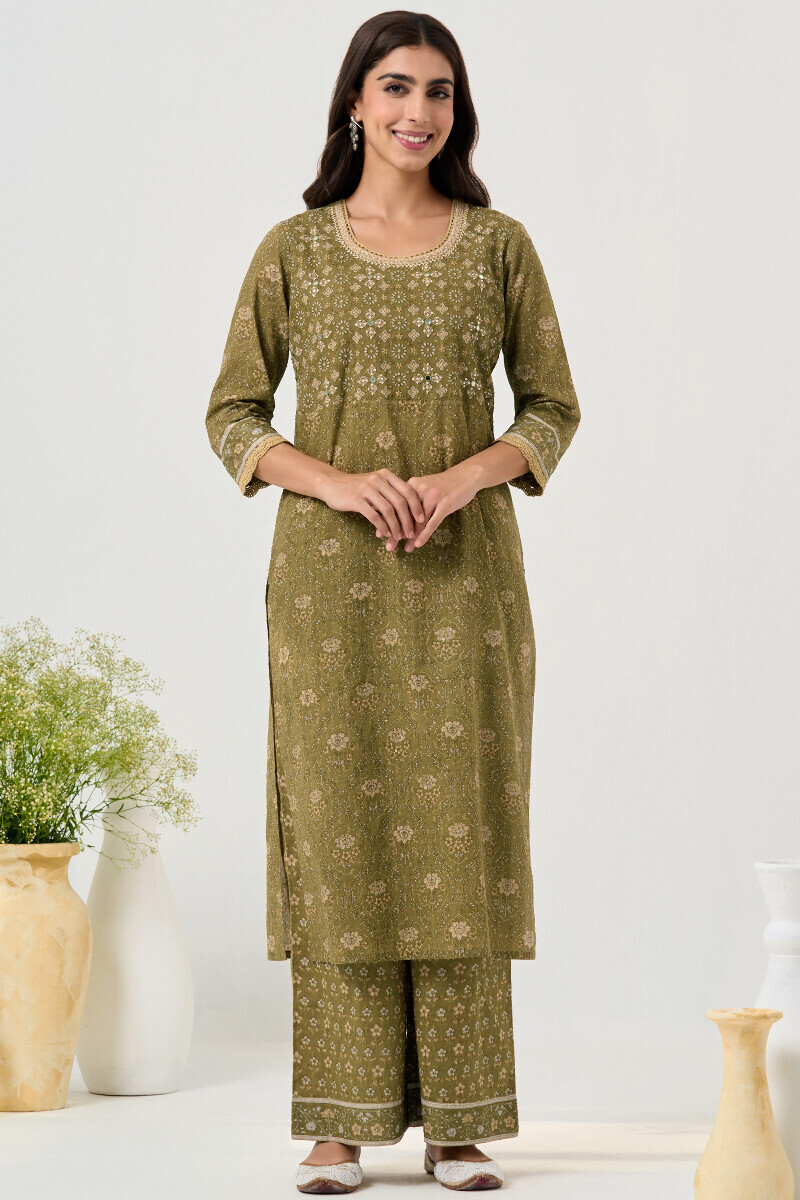 Green Hand Block Printed Straight Cotton Kurta