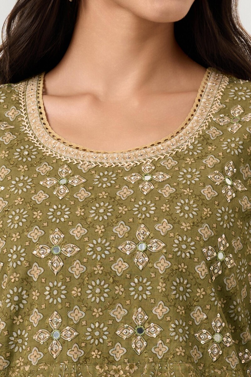Green Hand Block Printed Straight Cotton Kurta