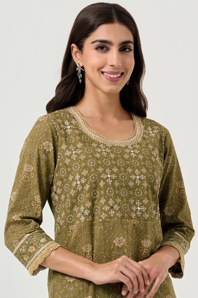 Green Hand Block Printed Straight Cotton Kurta