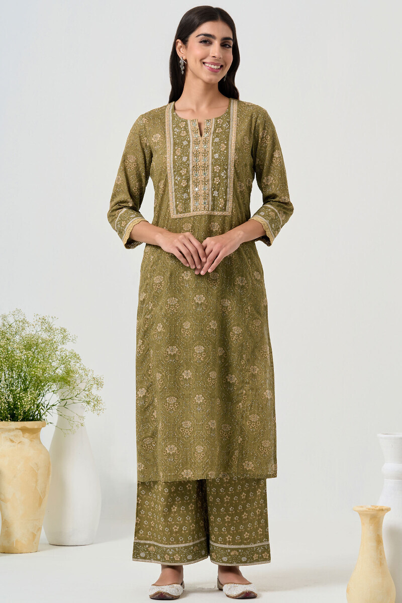 Green Hand Block Printed Straight Ram Buta Kurta