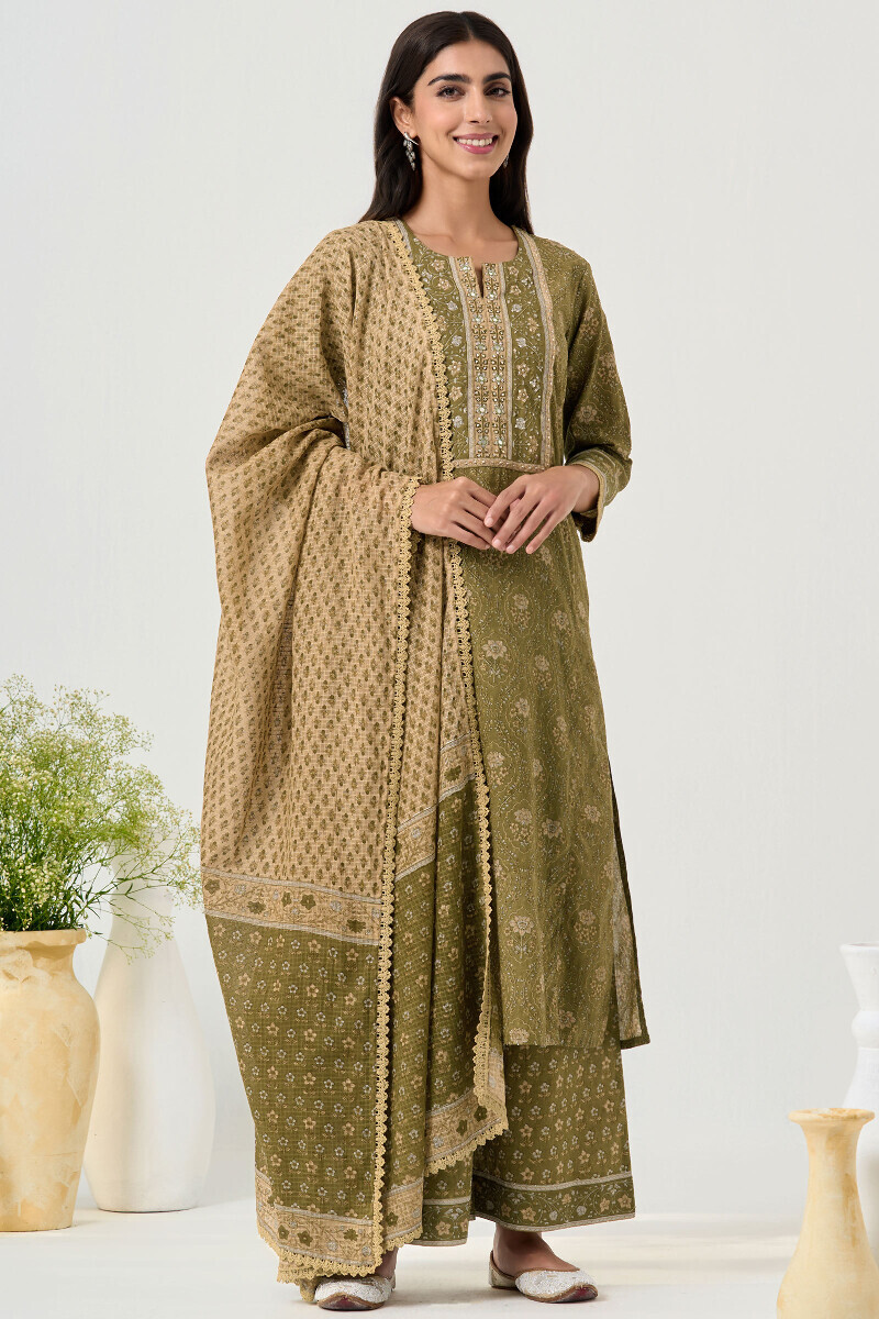 Green Hand Block Printed Straight Ram Buta Kurta