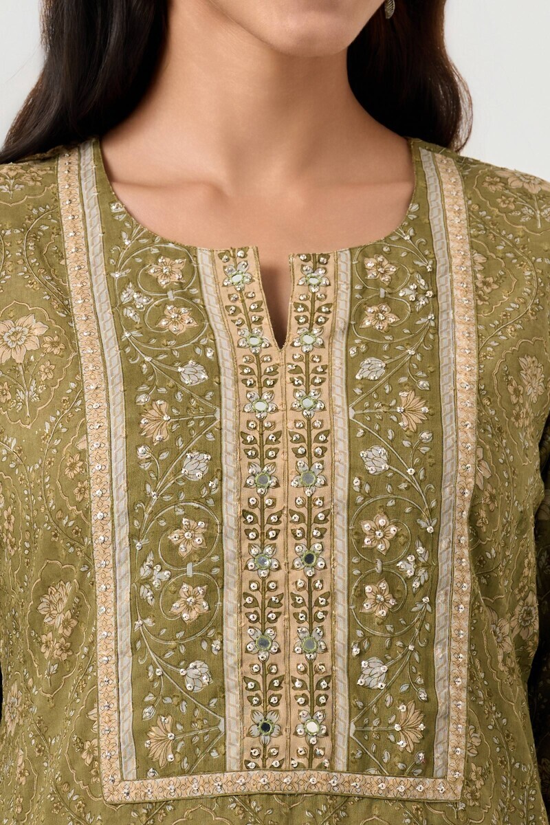 Green Hand Block Printed Straight Ram Buta Kurta